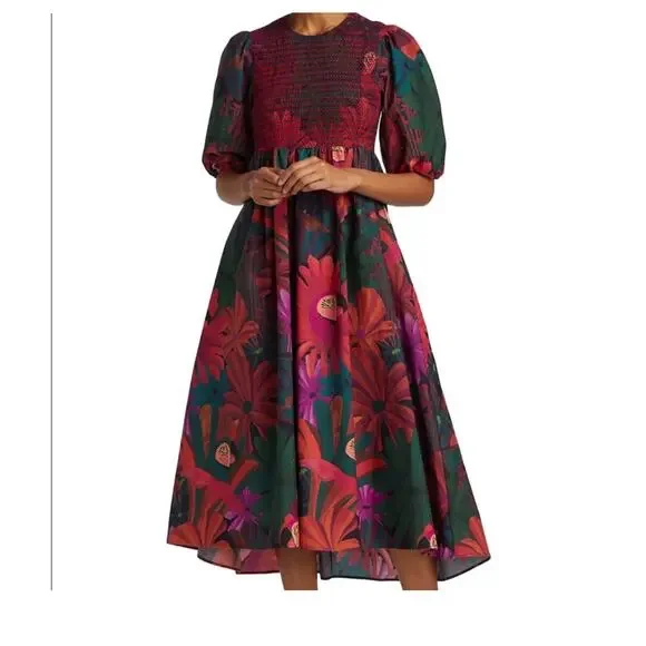 knee length dresses for ladies Off-White Flowerful Birds Lenzing Ecovero Euroflax Midi Dress  FARM Rio